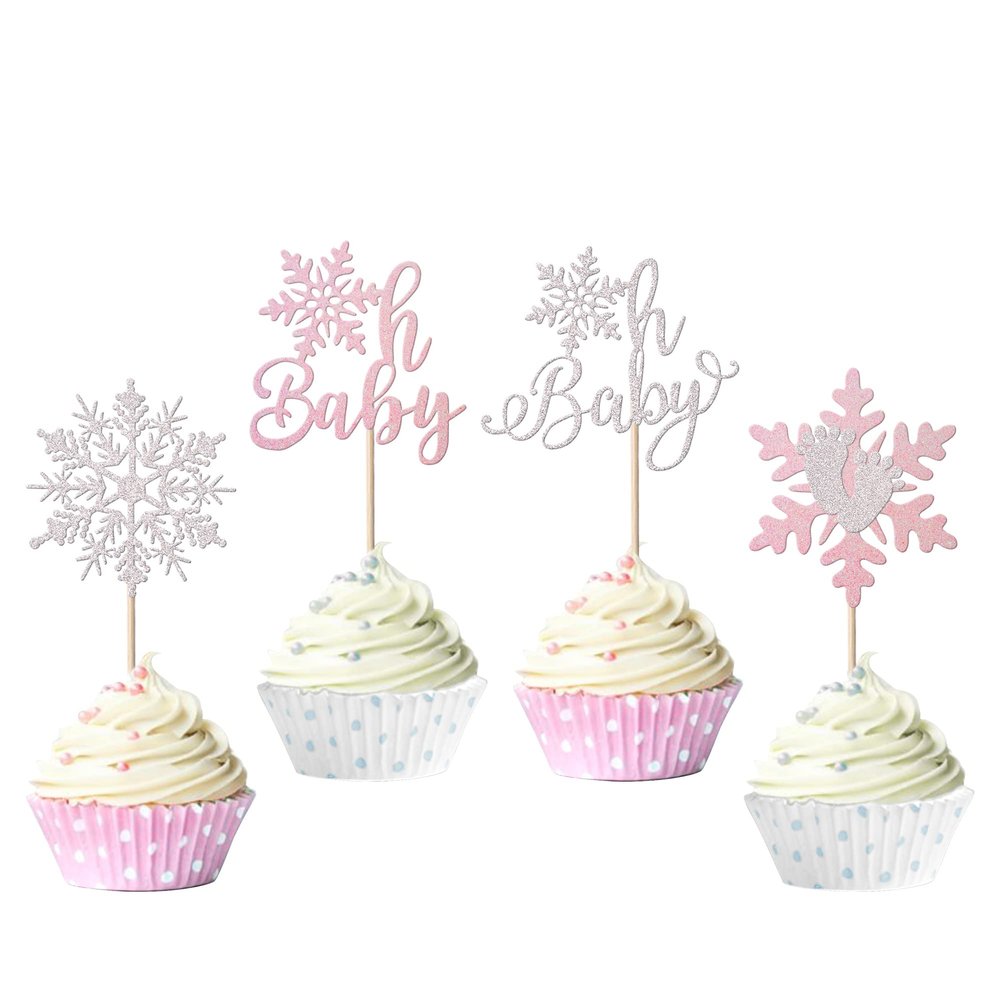 24 Pack Snowflake Cupcake Toppers Glitter Winter Oh Baby Cupcake Picks Winter Frozen Cake Decorations Snowflake Christmas Baby Shower Kids Birthday Party Supplies Pink
