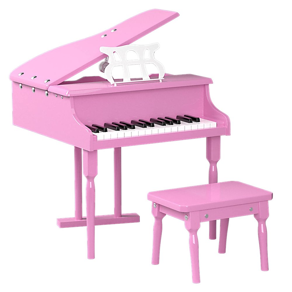 Costzon Classical Kids Piano, 30 Keys Wood Toy Grand Piano with Music Stand and Bench, Mini Musical Toy for Child, Ideal for Children's Room, Toy Room, Best Gifts (Straight Leg, Pink)