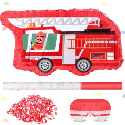 Fire Truck Piata Firetruck with Blindfold Bat Confetti Small Firefighter Birthday Party Decorations Fire Truck Birthday Party Supplies for Kids Boys Girls Baby Shower, 16 x 8.7 x 3 Inches