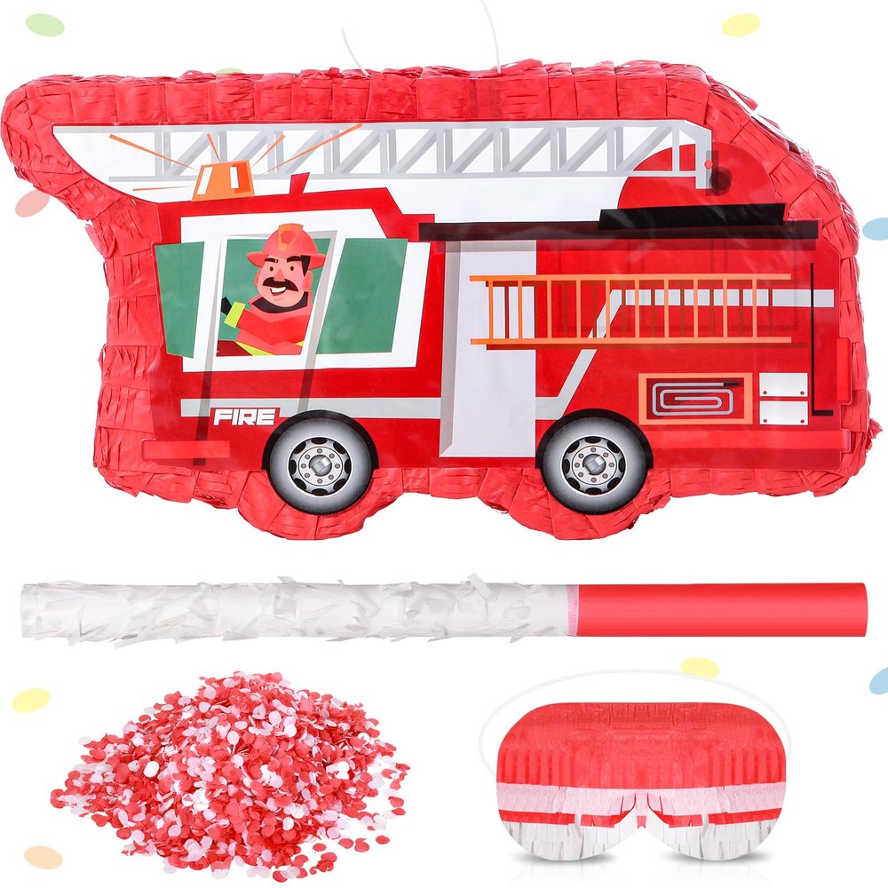 Fire Truck Piata Firetruck with Blindfold Bat Confetti Small Firefighter Birthday Party Decorations Fire Truck Birthday Party Supplies for Kids Boys Girls Baby Shower, 16 x 8.7 x 3 Inches