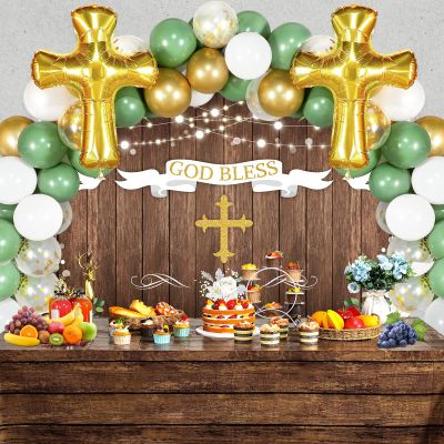 75 Pieces First Communion Decorations Included Backdrop Tablecloth Balloons Garland Cross Balloon Rustic Wood Grain Baptism Party Christening Decor Kit Holy God Bless Mi Bautizo Set for Boys Girls