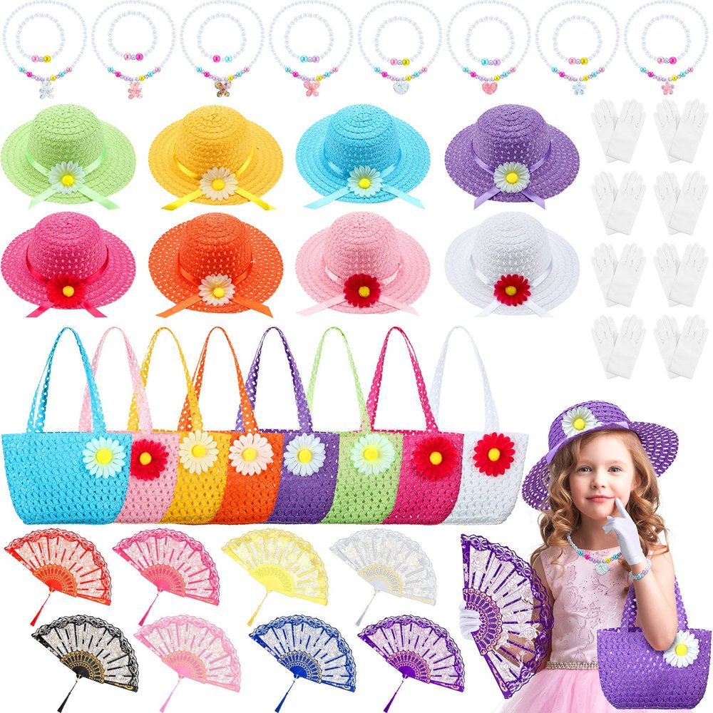 Hungdao 48 Pcs Girls Tea Party Dress up Play Set Decorations Including Hats for Little Girls Gloves and Fans Purse Necklaces and Bracelets for Tea Party Supplies