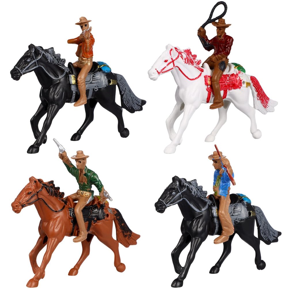 Cowboy Toys Riding Horse Figurines: 4Pcs Cowboy Action Figure Western Rodeo Toys - Plastic Horses Figures with Rider for Kids Toddlers, Model Ranches, Miniature Scenes, Farm World, 4.32x2.75in
