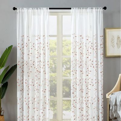 HooHero High Grade Small Leave Embroidered Sheer Curtains Rod Pocket for Living Kids Room Bedroom Nursery(2 Panels, W 50 x L 90 inch, Beige)