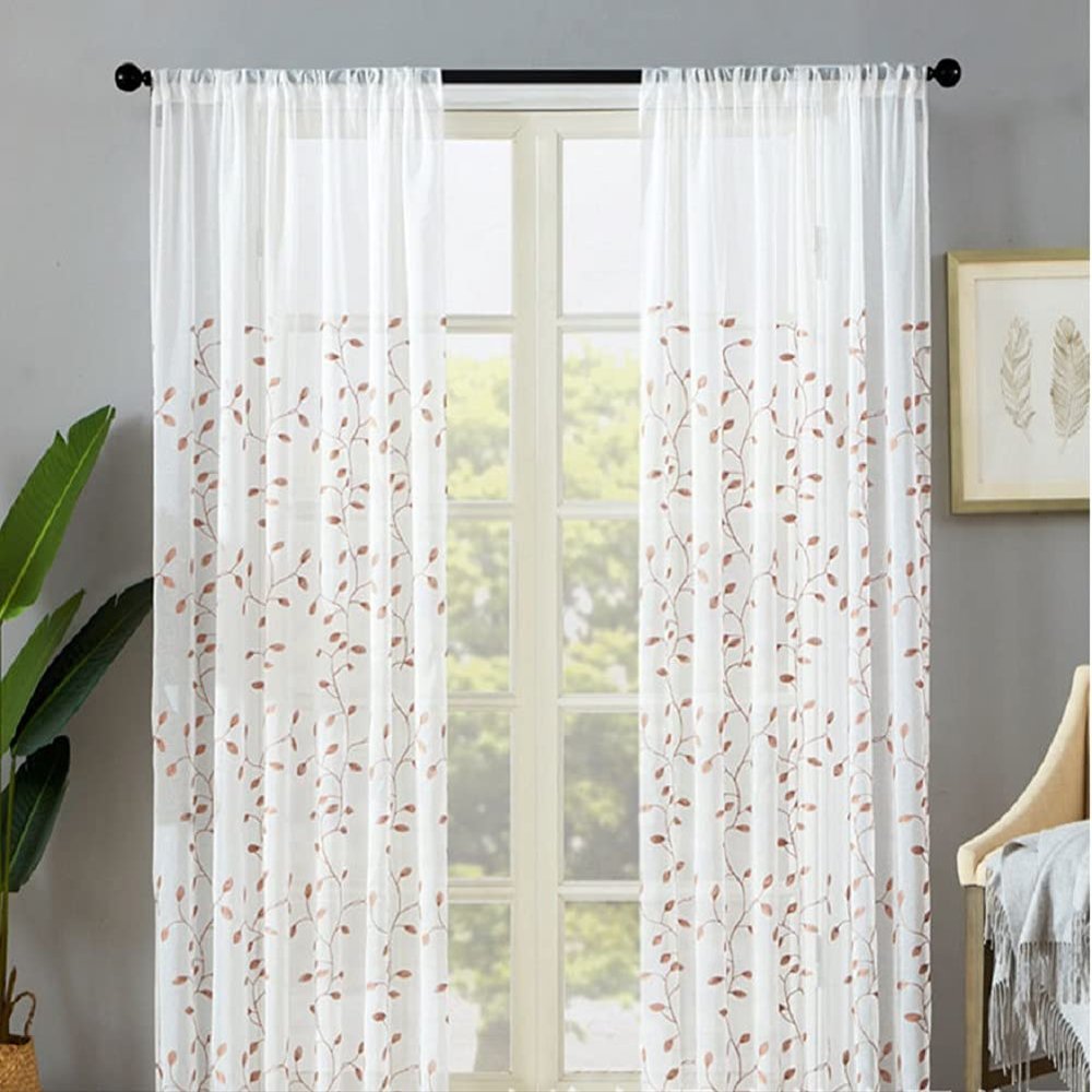 HooHero High Grade Small Leave Embroidered Sheer Curtains Rod Pocket for Living Kids Room Bedroom Nursery(2 Panels, W 50 x L 90 inch, Beige)