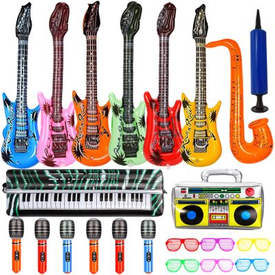 smilixin 22 Pack Inflatable Guitar,Blow Up Guitar,Inflatable Rock Star Toy Set,6 Inflatable Guitars,6 Microphones,6 Shutter Shading Glasses,1 Saxophone,1 Inflatable Piano,1 Inflatable Recorder