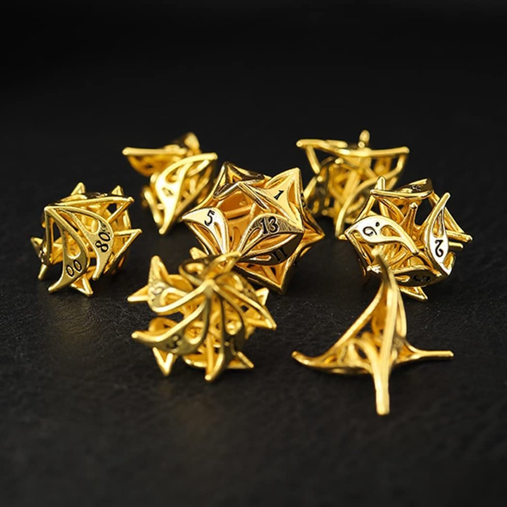 Wemune DND Dice Set, 7 Pcs Brass Gold Leaf Metal Cutout Polyhedral Dungeons and Dragons Dice for MTG, TRPG Role Playing Dice Game, Creative Gifts