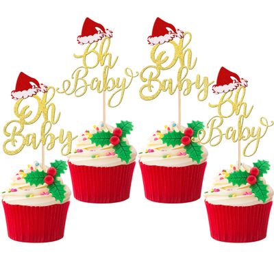 24 PCS Oh Baby Christmas Cupcake Toppers Glitter Santa Hat Christmas Oh Baby Cupcake Picks Baby Shower Cake Decorations for Merry Christmas Theme Baby Shower Kids Birthday Party Supplies Gold