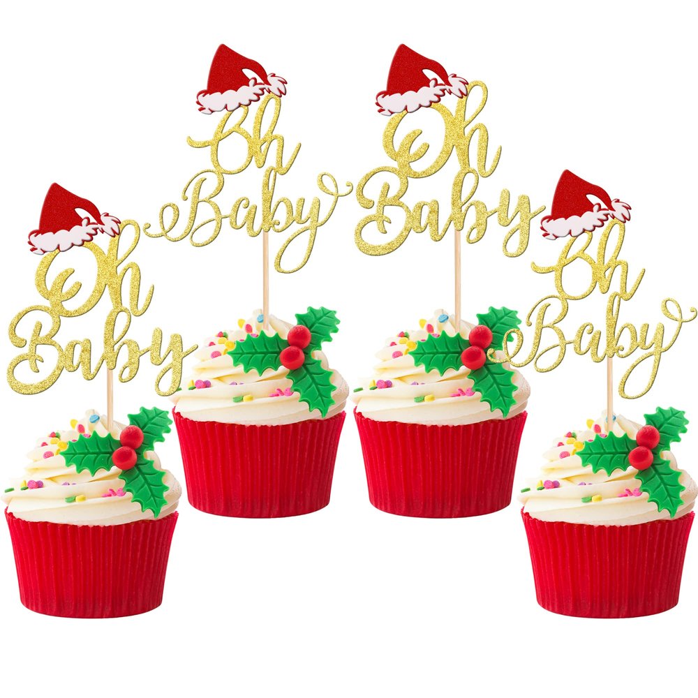 24 PCS Oh Baby Christmas Cupcake Toppers Glitter Santa Hat Christmas Oh Baby Cupcake Picks Baby Shower Cake Decorations for Merry Christmas Theme Baby Shower Kids Birthday Party Supplies Gold