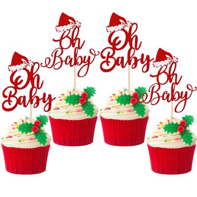 24 PCS Oh Baby Cupcake Toppers Red Glitter Santa Hat Baby Shower Merry Christmas Cupcake Picks for Christmas Theme Baby Shower Kids Birthday Party Cake Decorations Supplies