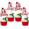 24 PCS Oh Baby Cupcake Toppers Red Glitter Santa Hat Baby Shower Merry Christmas Cupcake Picks for Christmas Theme Baby Shower Kids Birthday Party Cake Decorations Supplies view 1