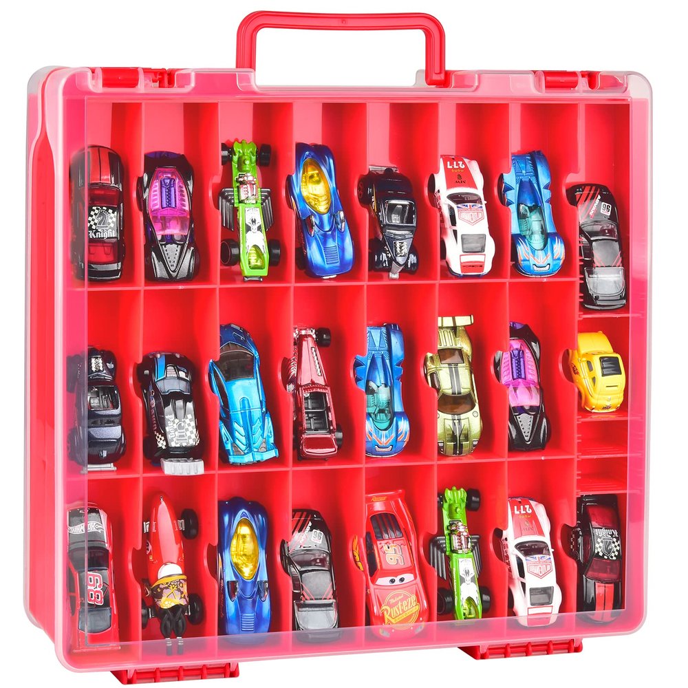 Double Sided Toy Storage Organizer Case for Hot Wheels Car, for Matchbox Cars, for Mini Toys, for Small Dolls. Carrying Box Container Carrier with 48 Compartments - Red (Box Only)