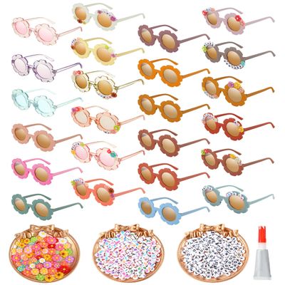 Cindeer 24 Pairs Flower Sunglasses Kids DIY Round Boho Flower Sunglasses Set Includes 100 Pcs Daisy Charm 416 Letter Beads and Glue for Kid Girls Party Favors Gifts Supplies