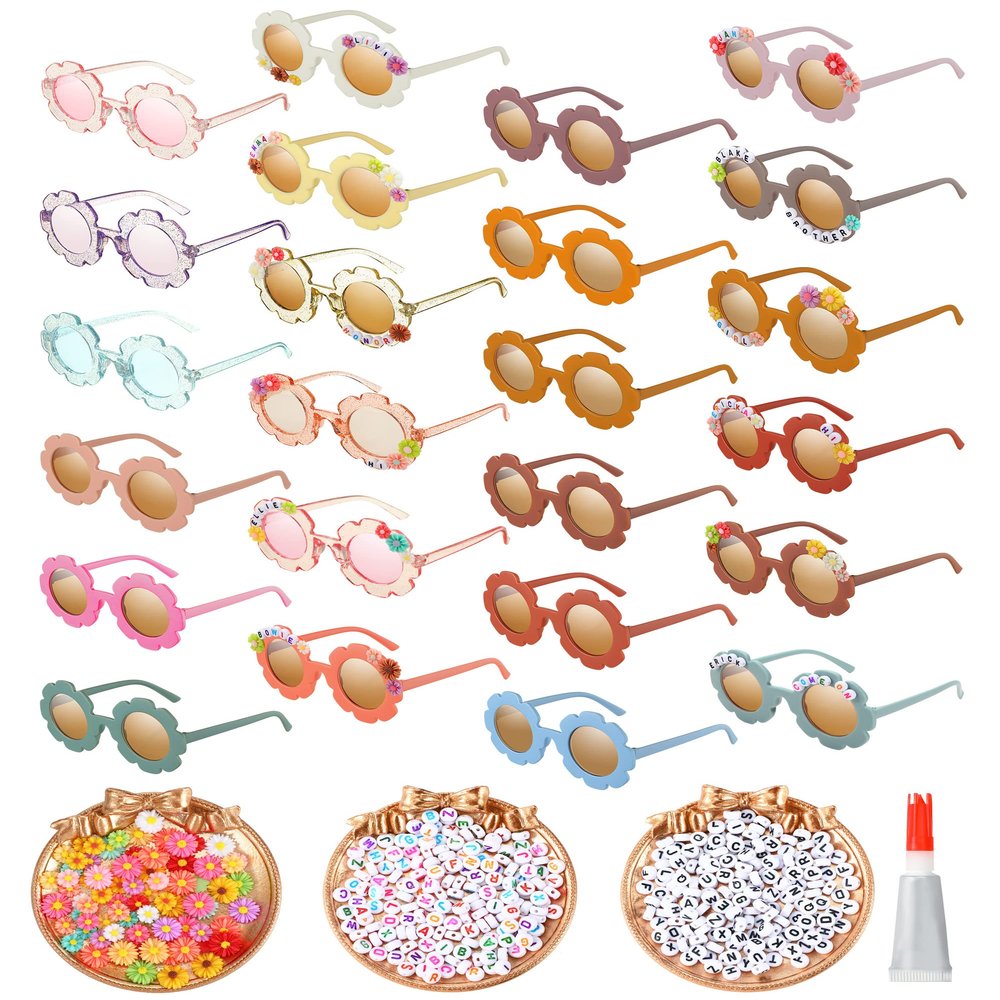 Cindeer 24 Pairs Flower Sunglasses Kids DIY Round Boho Flower Sunglasses Set Includes 100 Pcs Daisy Charm 416 Letter Beads and Glue for Kid Girls Party Favors Gifts Supplies