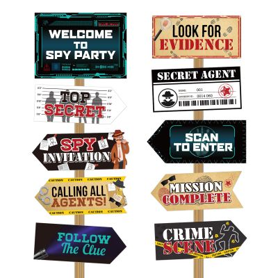 Gueevin 20 Pieces Secret Agent Secret Spy Birthday Party Decorations Detective Themed Party Directional Sign for Yard Mystery Crime Clue Evidence Decorations, 10 Styles(Classic Color)
