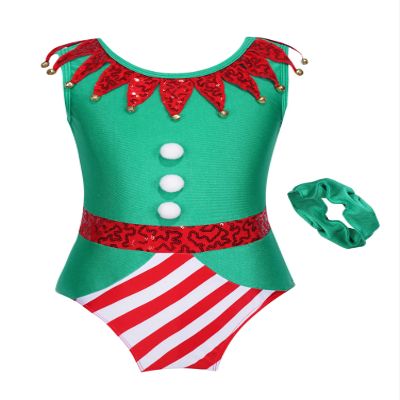 Aislor Kids Girls Santa Elf Costume Christmas Gymnastic Ballet Leotards Athletic Dance Unitard Bodysuit with Headband Green 4 Years