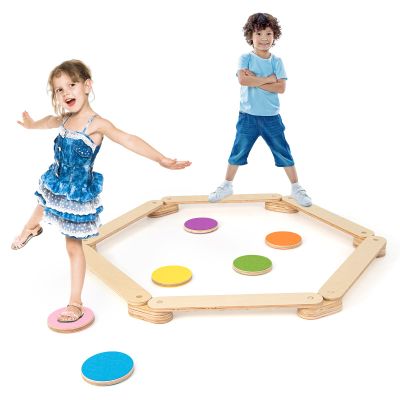 HONEY JOY Wooden Balance Beam Stepping Stones, Montessori Obstacle Course for Kids, Toddler Gymnastics Beam for Playroom, Indoor Outdoor Balance Board for Coordination, Gross Motor Skills, Natural