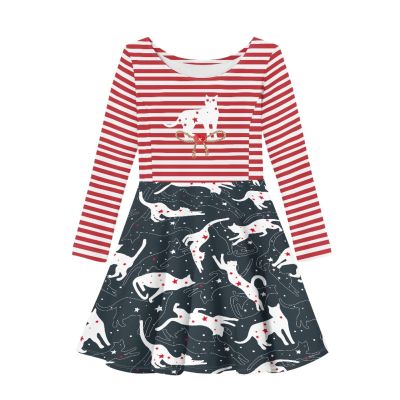 Allcute Teen Girls Twirly Long Sleeve A Line Dress Red Black Star Striped Cat Print Kids Loose Fit Cute Graphic School Dance Party Tunic Skater Dress Size 15-16 Princess Costumes