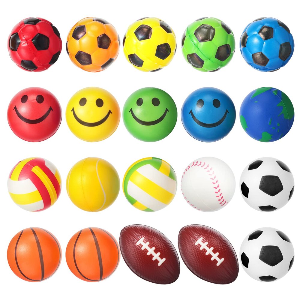 20 Pieces Mini Stress Balls Soft Foam Sports Bouncy Fidget Balls for Adults and Teens Carnival Prizes, Stress Relief, Birthday Gifts, Party Favors, 9 Styles