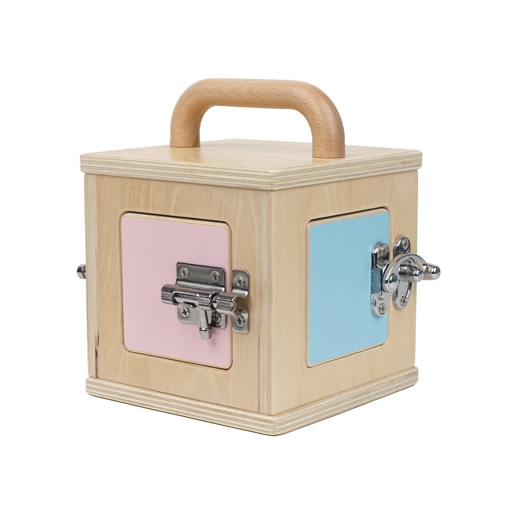 Beech Wooden Lock Box with 4 Different Doors & Various Lock Mechanisms Helps Develop Probelm Solving Skills,Montessori Wooden Educational Toy,Learning Fine Motor Skills Activity Board for 1+ Years