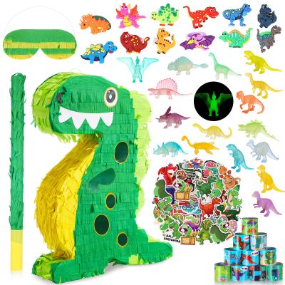 Hanaive 141 Pcs Dinosaur Piata for Birthday Party, Dino Piata Set with Blindfold and Baton, 16 x 12 x 3 Inch, Kids Dinosaur Themed Party Favors for Boys and Girls(Lovely Style)