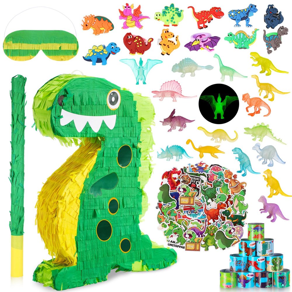 Hanaive 141 Pcs Dinosaur Piata for Birthday Party, Dino Piata Set with Blindfold and Baton, 16 x 12 x 3 Inch, Kids Dinosaur Themed Party Favors for Boys and Girls(Lovely Style)
