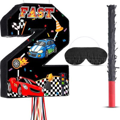 Harrycle Race Car Piata Pull String Cars Piatas for Birthday Party Decorations Number 2 3 4 5 6 with Blindfold Stick Small Red Black Racing Theme 2nd 3rd 4th 5th 6th Party Supplies(Number 2)
