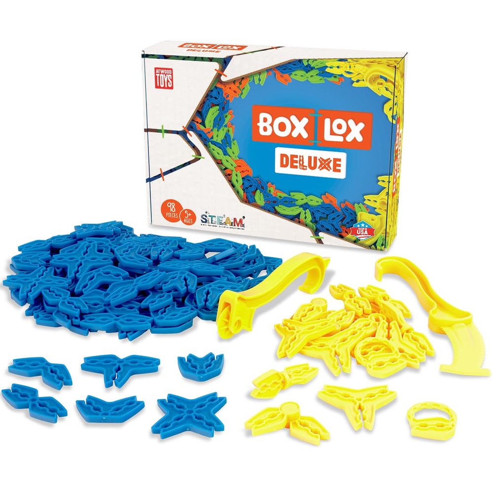 Atwood Toys Box Lox 98 pcs Creative Cardboard Building kit - Construction Toys for Girls and Boys Educational STEM (Blue Deluxe)