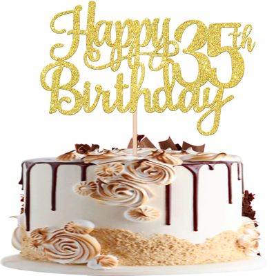 1 PCS Happy 35th Birthday Cake Topper Gold Glitter Cheers to 35 Years Birthday Cake Pick 35 Fabulous Cake Decoration for Happy 35th Birthday Theme Party Decorations Supplies