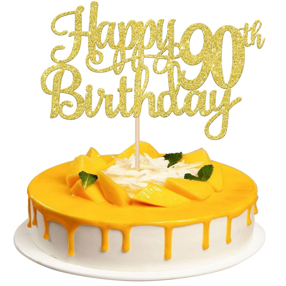 1 PCS Happy 90th Birthday Cake Topper Gold Glitter Cheers to 90 Years Birthday Cake Pick 90 Fabulous Cake Decoration for Happy 90th Birthday Theme Party Decorations Supplies
