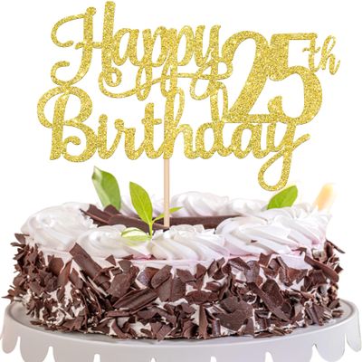 1 PCS Happy 25th Birthday Cake Topper Gold Glitter Cheers to 25 Years Birthday Cake Pick 25 Fabulous Cake Decoration for Happy 25th Birthday Theme Party Decorations Supplies