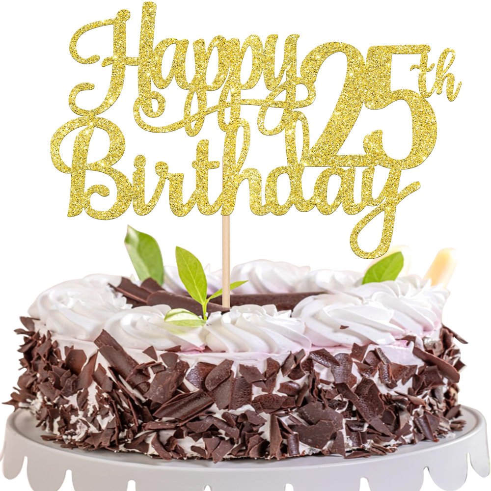 1 PCS Happy 25th Birthday Cake Topper Gold Glitter Cheers to 25 Years Birthday Cake Pick 25 Fabulous Cake Decoration for Happy 25th Birthday Theme Party Decorations Supplies