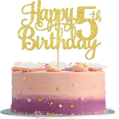 1 PCS Happy 5th Birthday Cake Topper - Gold Glitter Cheers to 5 Years - Fabulous Cake Decoration for 5th Birthday Theme Party