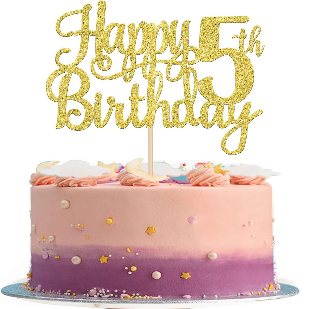 1 PCS Happy 5th Birthday Cake Topper - Gold Glitter Cheers to 5 Years - Fabulous Cake Decoration for 5th Birthday Theme Party
