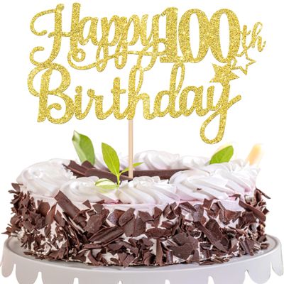 1 PCS Happy 100th Birthday Cake Topper - Gold Glitter Cheers to 100 Years - Fabulous Cake Decoration for 100th Birthday Theme Party