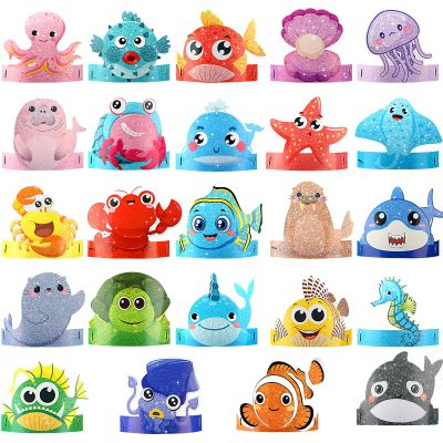 Tinlade 48 Pcs Under the Sea Party Hats Ocean Theme Headbands Sea Animals Paper Crowns for Birthday Party Decoration Favor