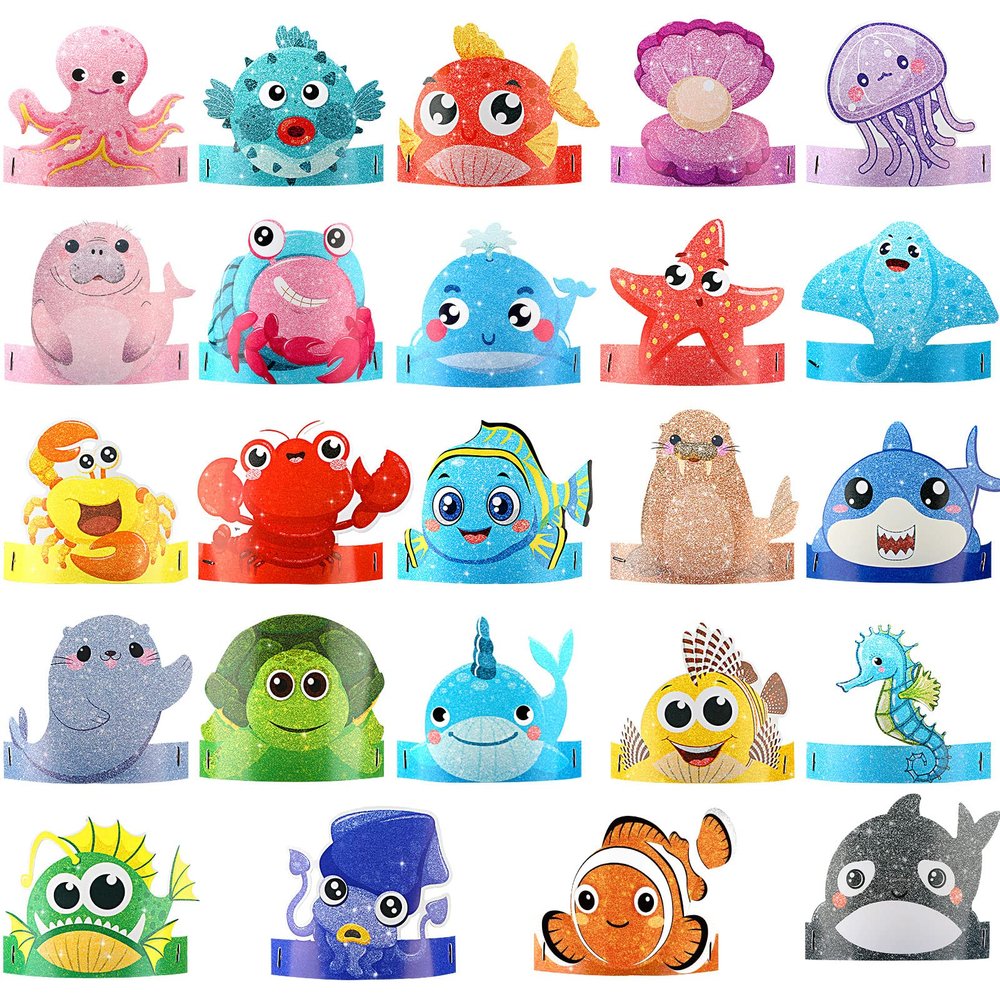 Tinlade 48 Pcs Under the Sea Party Hats Ocean Theme Headbands Sea Animals Paper Crowns for Birthday Party Decoration Favor
