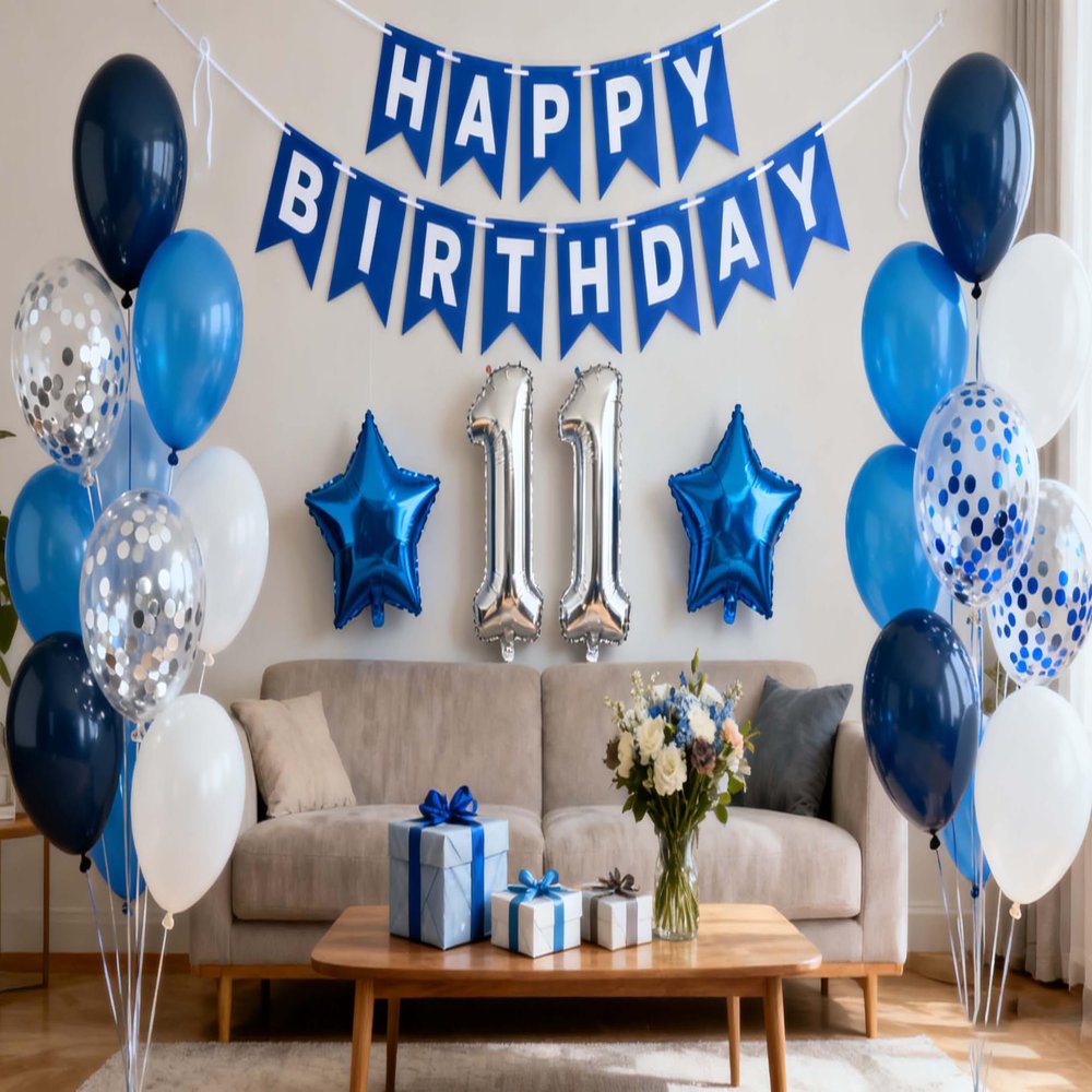 11th Birthday Party Decoration for Boys, Happy Birthday Banner Blue Number 11 Birthday Balloons 11th Birthday Latex Confetti Balloon for Boys Him Son 11 Years Old Birthday Decoration Supplies (11th)