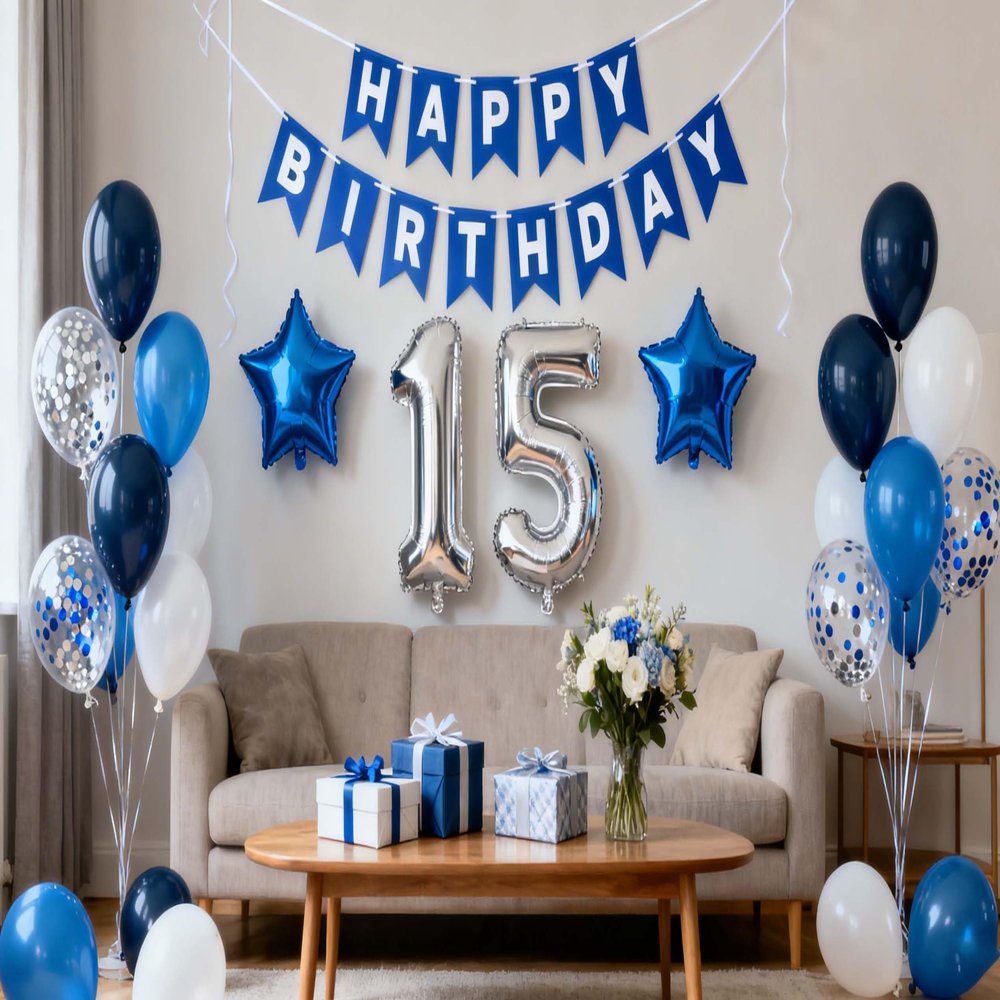 15th Birthday Party Decoration for Boys, Happy Birthday Banner Blue Number 15 Birthday Balloons 15th Birthday Latex Confetti Balloon for Boys Him Son 15 Years Old Birthday Decoration Supplies(15th)
