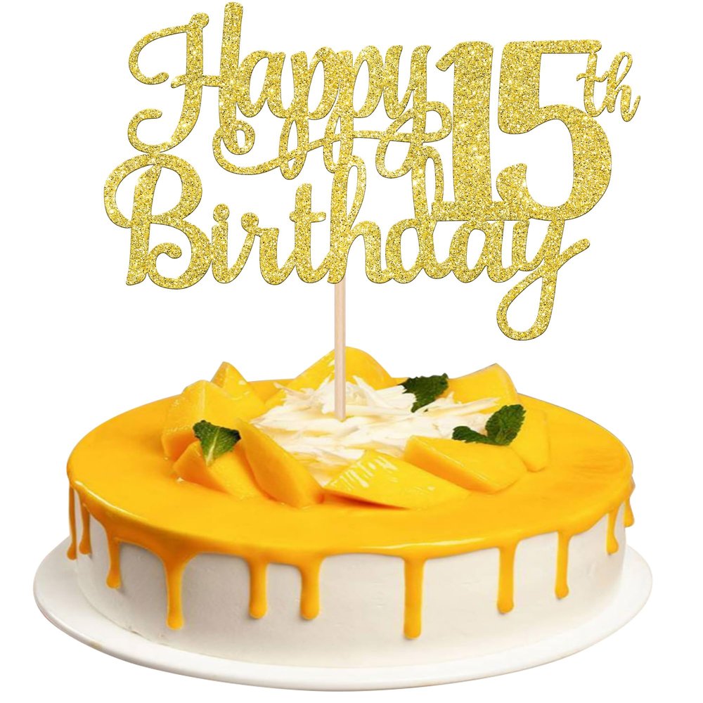 1 PCS Happy 15th Birthday Cake Topper Gold Glitter Cheers to 15 Years Birthday Cake Pick Mis Quince 15 Fabulous Cake Decoration for Happy 15th Birthday Theme Party Decorations Supplies