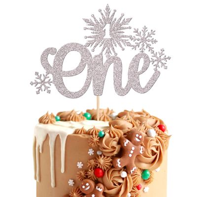 1 PCS Snowflake One Cake Topper Glitter Winter Frozen Theme First Birthday Snowflake Cake Pick for Winter Onederland Baby Shower Kids 1st Birthday Party Cake Decorations Supplies Silver