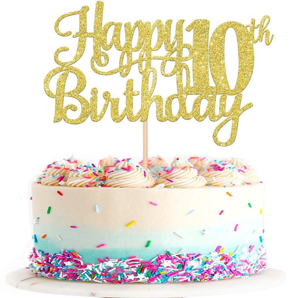 1 PCS Happy 10th Birthday Cake Topper Gold Glitter Cheers to 10 Years Birthday Cake Pick 10 Fabulous Double Digits Cake Decoration for Happy 10th Birthday Theme Party Decorations Supplies