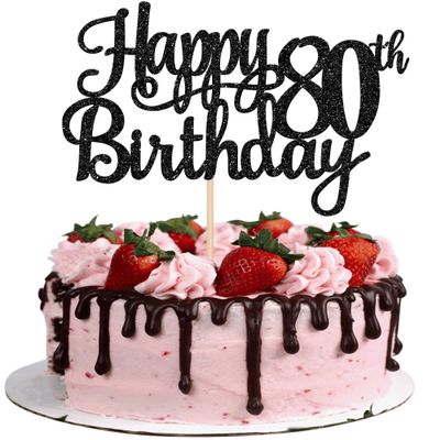 1 PCS Happy 80th Birthday Cake Topper Glitter Cheers to 80 Years Birthday Cake Pick 80 Fabulous Cake Decoration for Happy 80th Birthday Theme Party Decorations Supplies Black