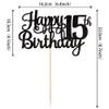 1 PCS Happy 15th Birthday Cake Topper Glitter Cheers to 15 Years Birthday Cake Pick Mis Quince 15 Fabulous Cake Decoration for Happy 15th Birthday Theme Party Decorations Supplies Black view 2