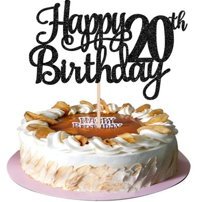 1 PCS Happy 20th Birthday Cake Topper Glitter Cheers to 20 Years Birthday Cake Pick Twenty 20 Fabulous Cake Decoration for Happy 20th Birthday Theme Party Decorations Supplies Black