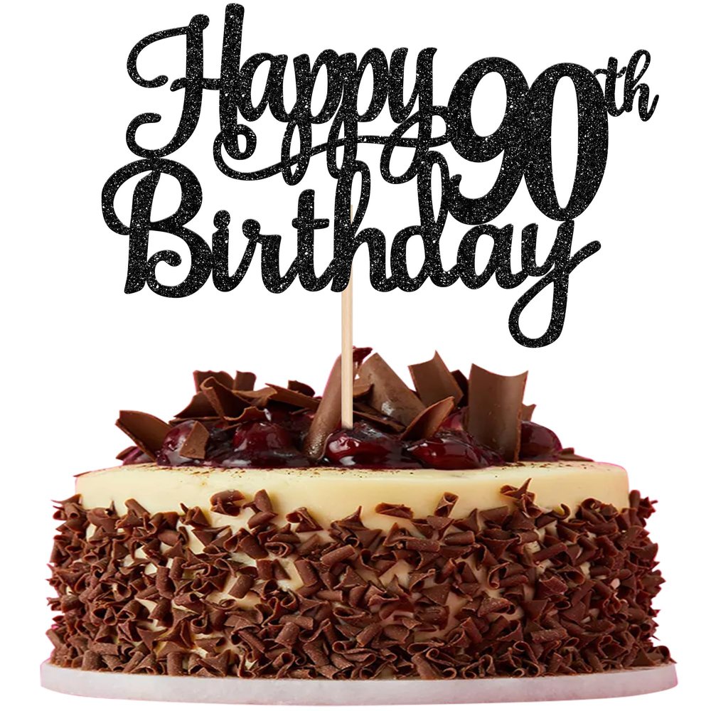 1 PCS Happy 90th Birthday Cake Topper Glitter Cheers to 90 Years Birthday Cake Pick 90 Fabulous Cake Decoration for Happy 90th Birthday Theme Party Decorations Supplies Black