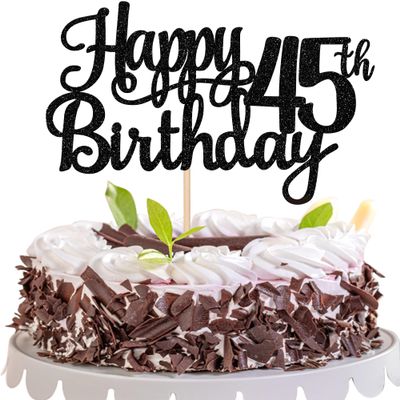 1 PCS Happy 45th Birthday Cake Topper Glitter Cheers to 45 Years Birthday Cake Pick 45 Fabulous Cake Decoration for Happy 45th Birthday Theme Party Decorations Supplies Black