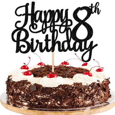 1 PCS Happy 8th Birthday Cake Topper Glitter Cheers to 8 Years Cake Pick Number 8 Fabulous Cake Decoration for 8th Birthday Theme Party Decorations Supplies Black