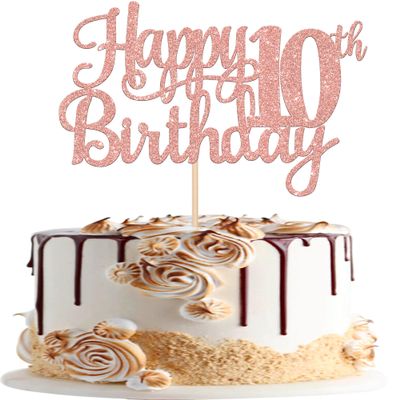 1 PCS Happy 10th Birthday Cake Topper Glitter Cheers to 10 Years Birthday Cake Pick 10 Fabulous Double Digits Cake Decoration for Happy 10th Birthday Theme Party Decorations Supplies Rose Gold
