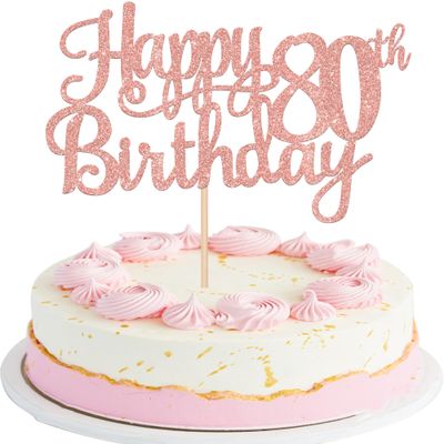 1 PCS Happy 80th Birthday Cake Topper Glitter Cheers to 80 Years Birthday Cake Pick 80 Fabulous Cake Decoration for Happy 80th Birthday Theme Party Decorations Supplies Rose Gold